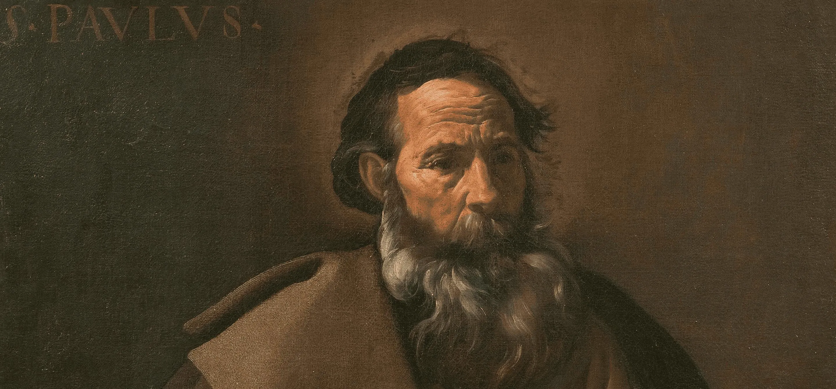 Pintura a óleo de São Paulo, um homem com longas barbas brancas e roupa marrom..