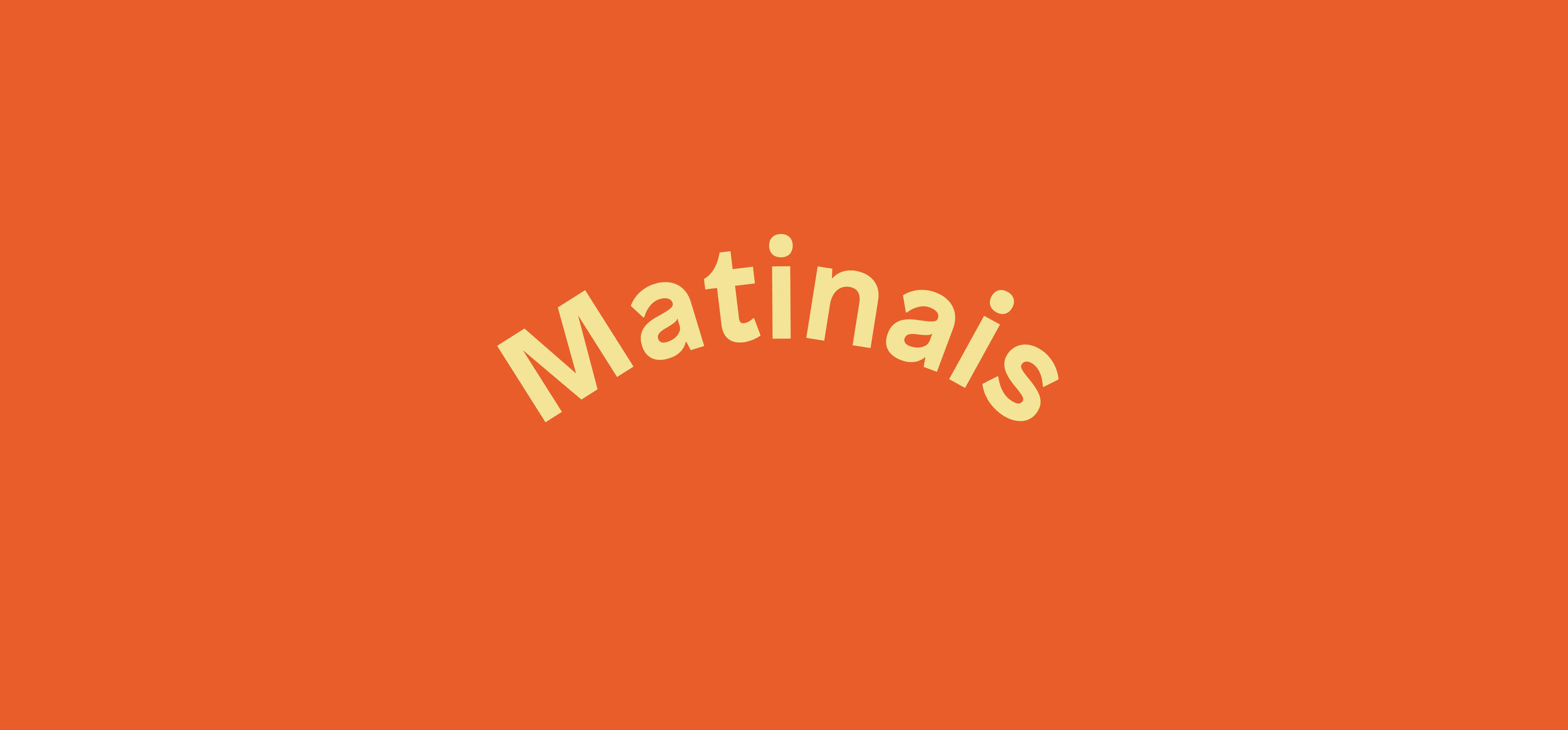 Logotipo escrito "matinais" com fundo azul e elementos gráficos amarelos.