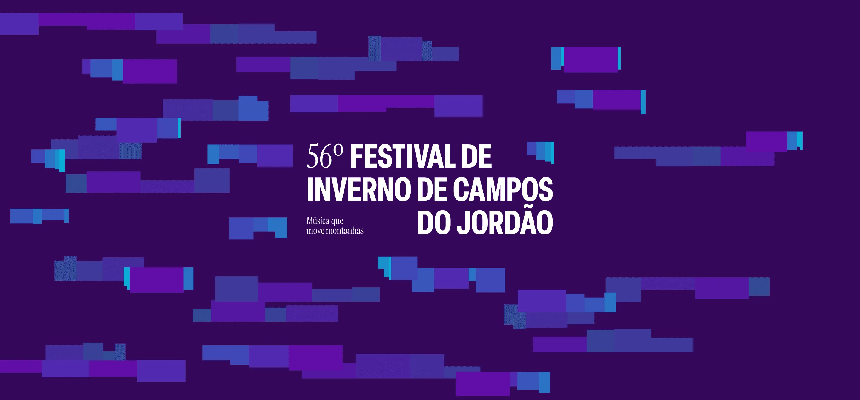 Logo do 56º Festival de Inverno de Campos do Jordão, com o nome do festival escrito em branco em um fundo roxo com formas retangulares abstratas em tons de roxo e azul
