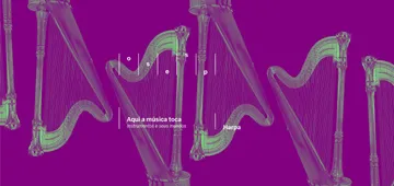 A imagem é roxa, com harpas em verde sobrepostos.